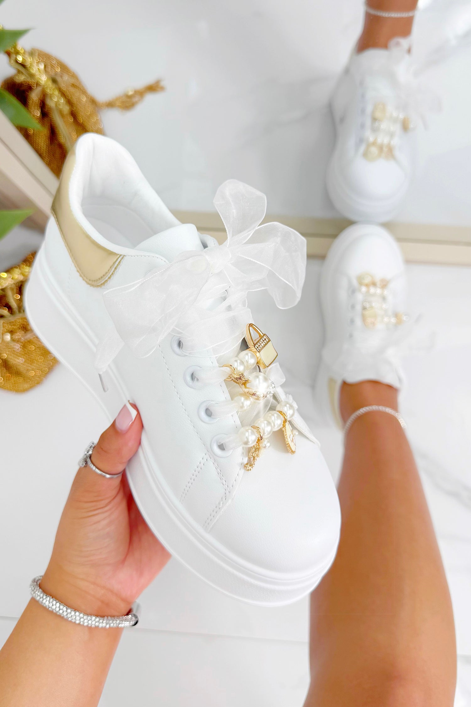 Sparkly Pearl Charm Trainers Gold, featuring chunky rubber sole for all-day comfort