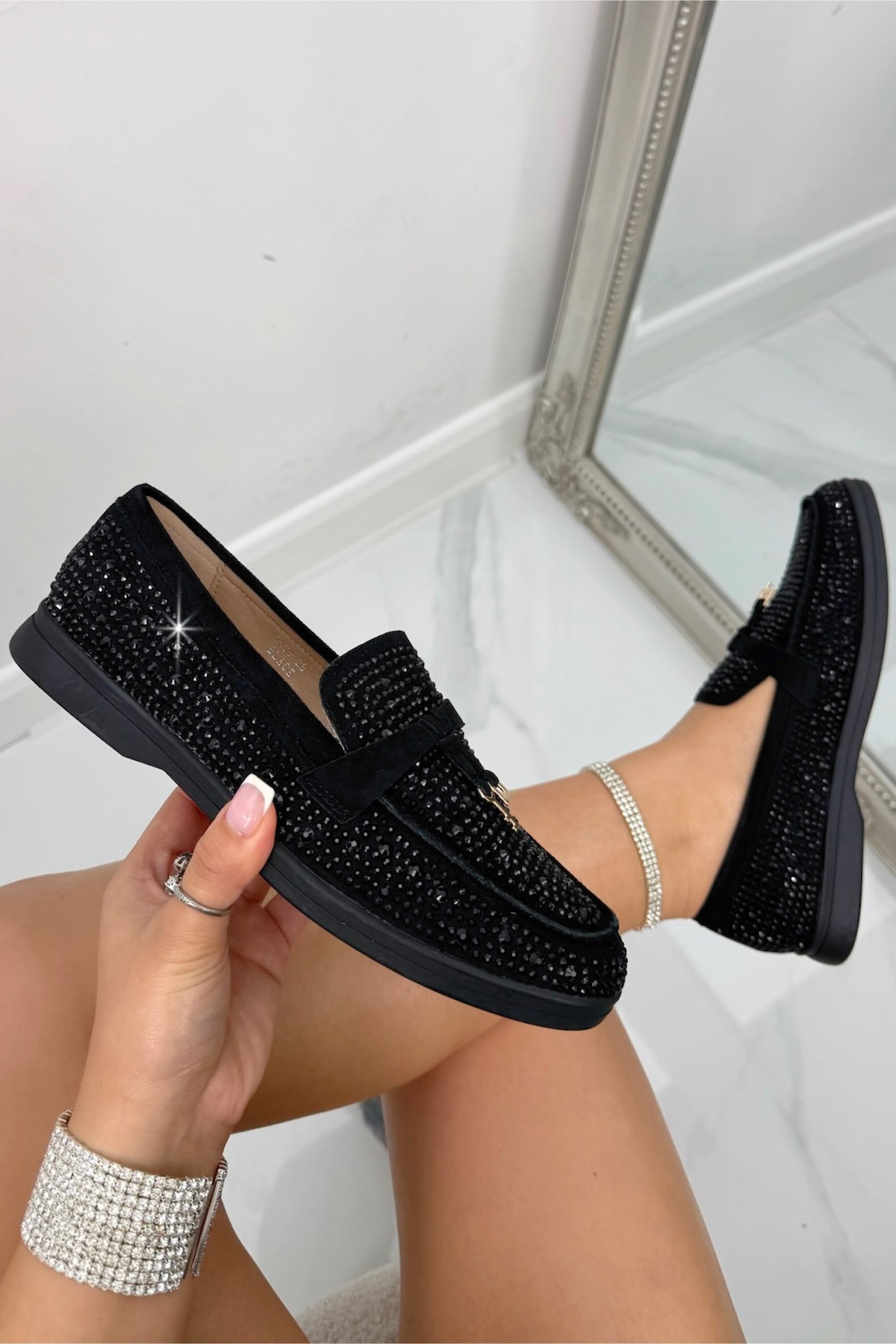 Crystal Luna Slip-On Flat Loafers Black, bringing attention to comfortable cushioned insole for all-day wear