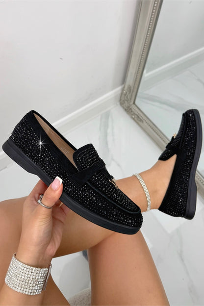 Crystal Luna Slip-On Flat Loafers Black, bringing attention to comfortable cushioned insole for all-day wear
