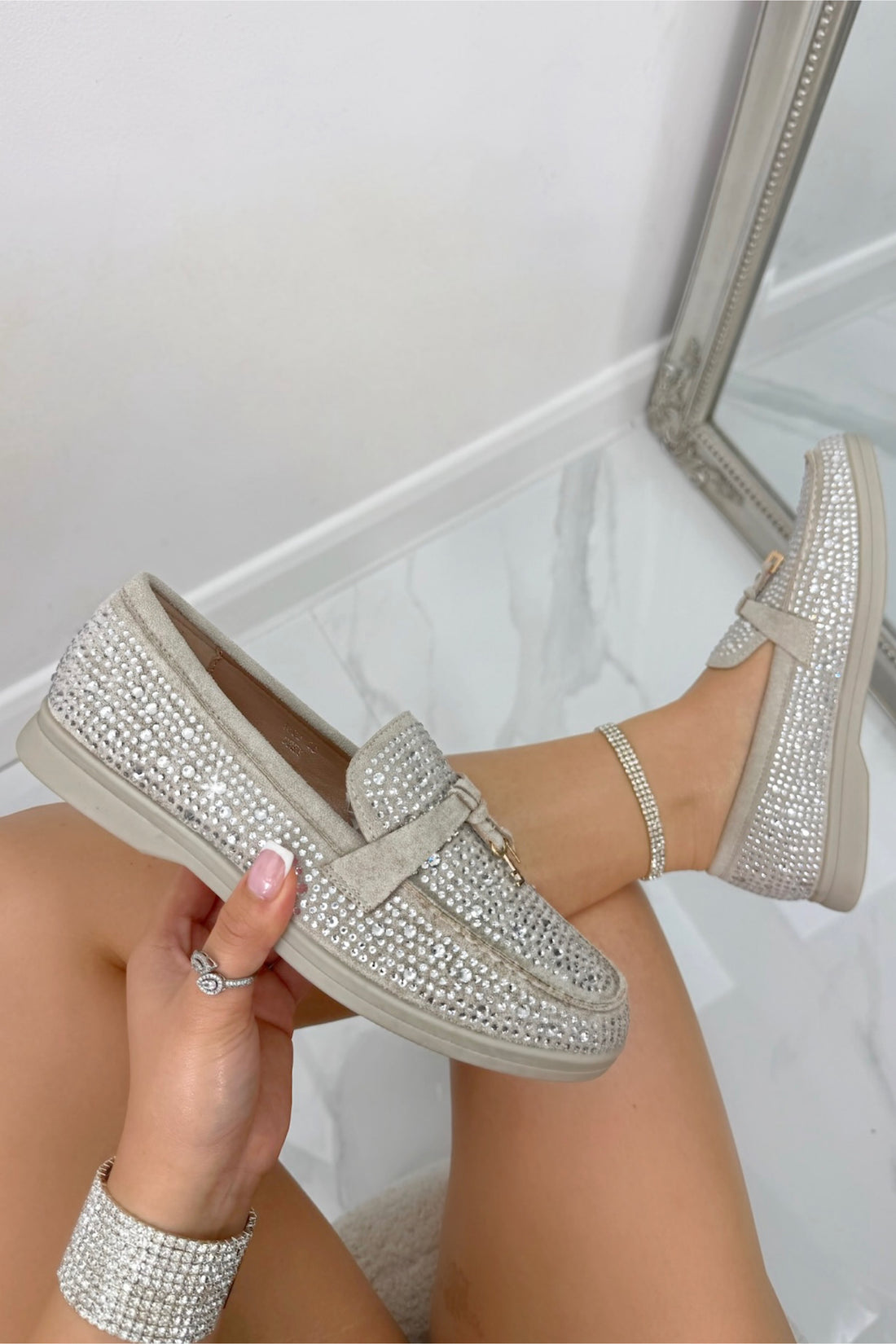 Crystal Luna Slip-On Flat Loafers Grey, bringing attention to comfortable cushioned insole for all-day wear