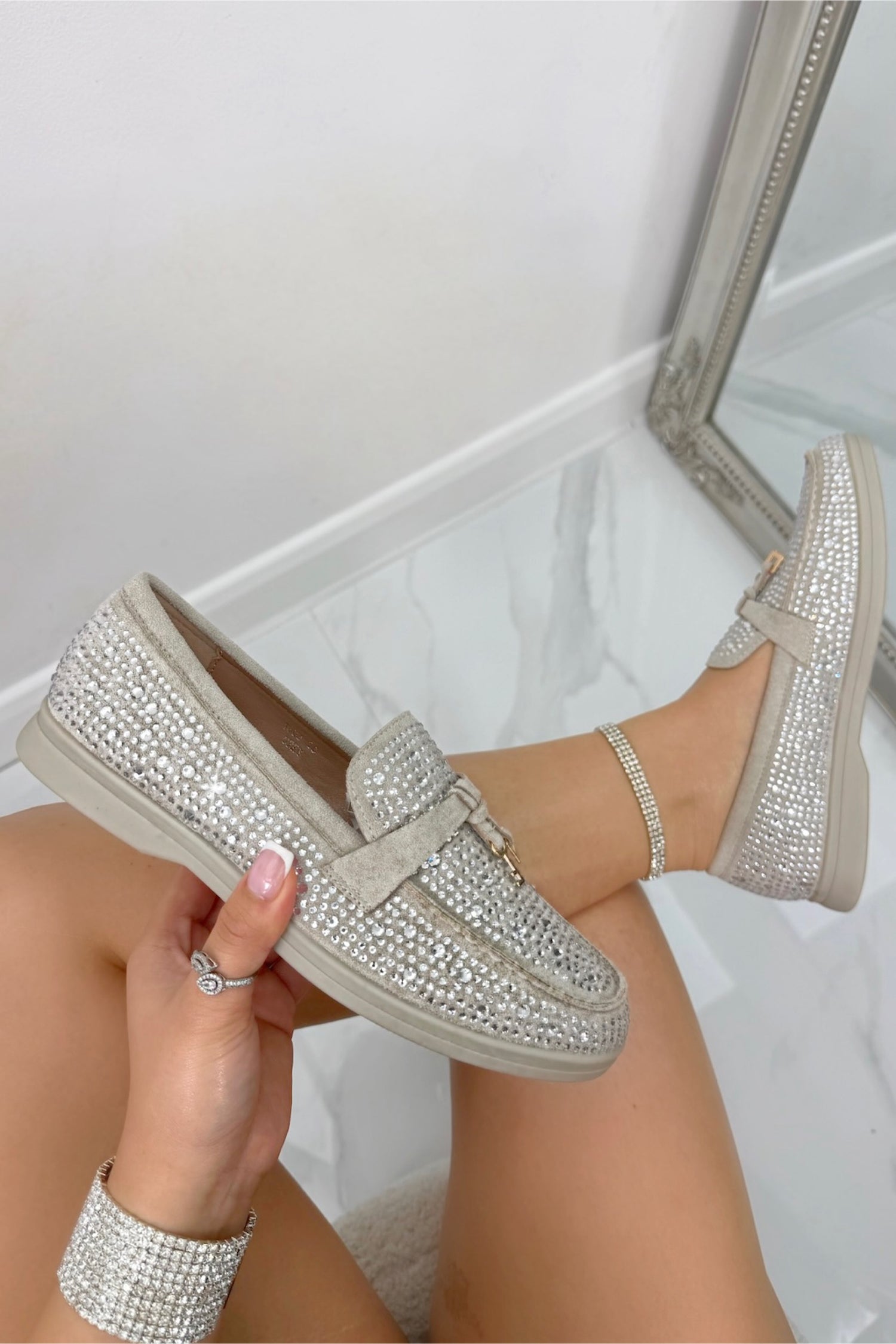 Crystal Luna Slip-On Flat Loafers Grey, bringing attention to comfortable cushioned insole for all-day wear
