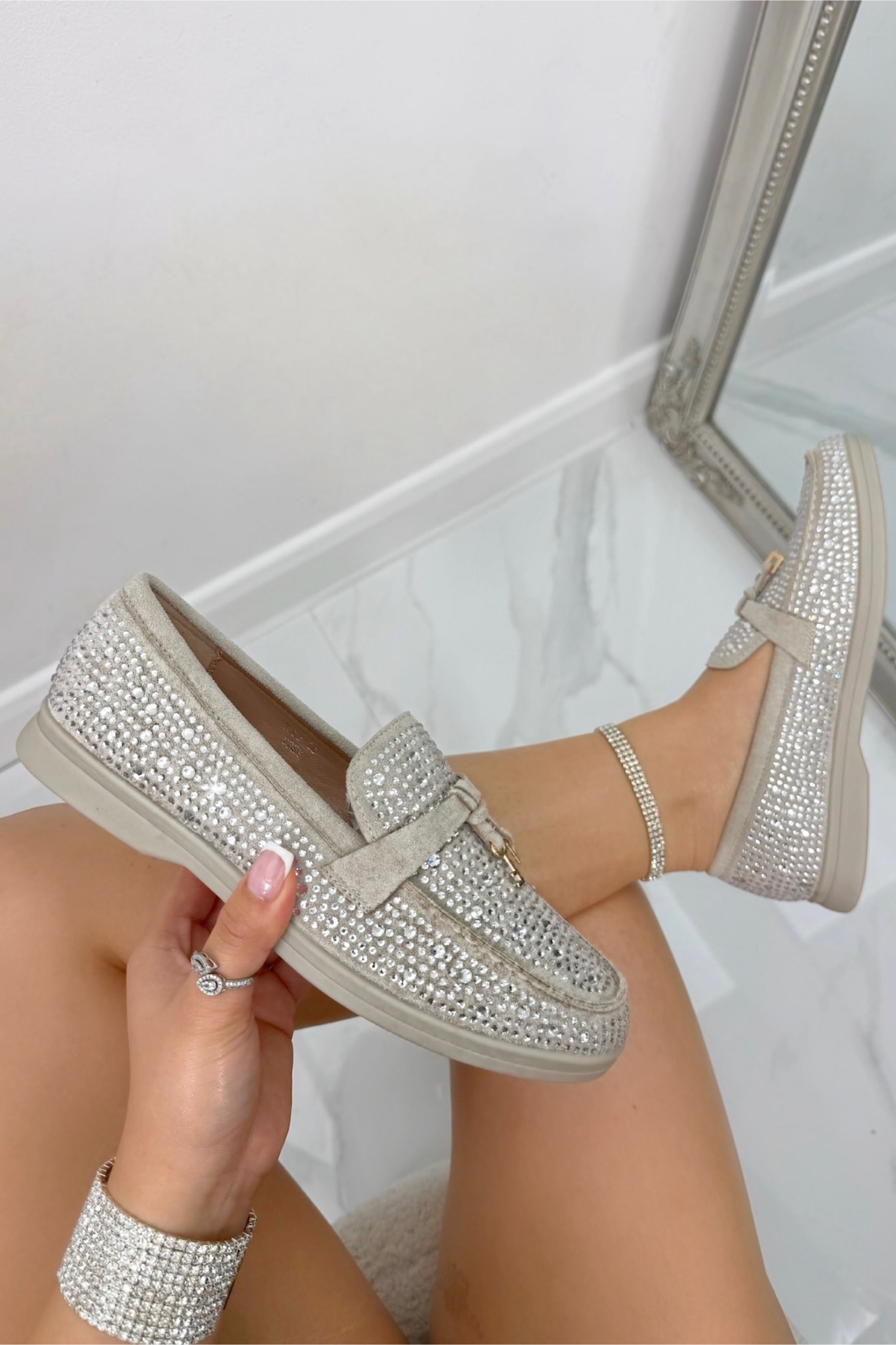 Crystal Luna Slip-On Flat Loafers Grey, bringing attention to comfortable cushioned insole for all-day wear