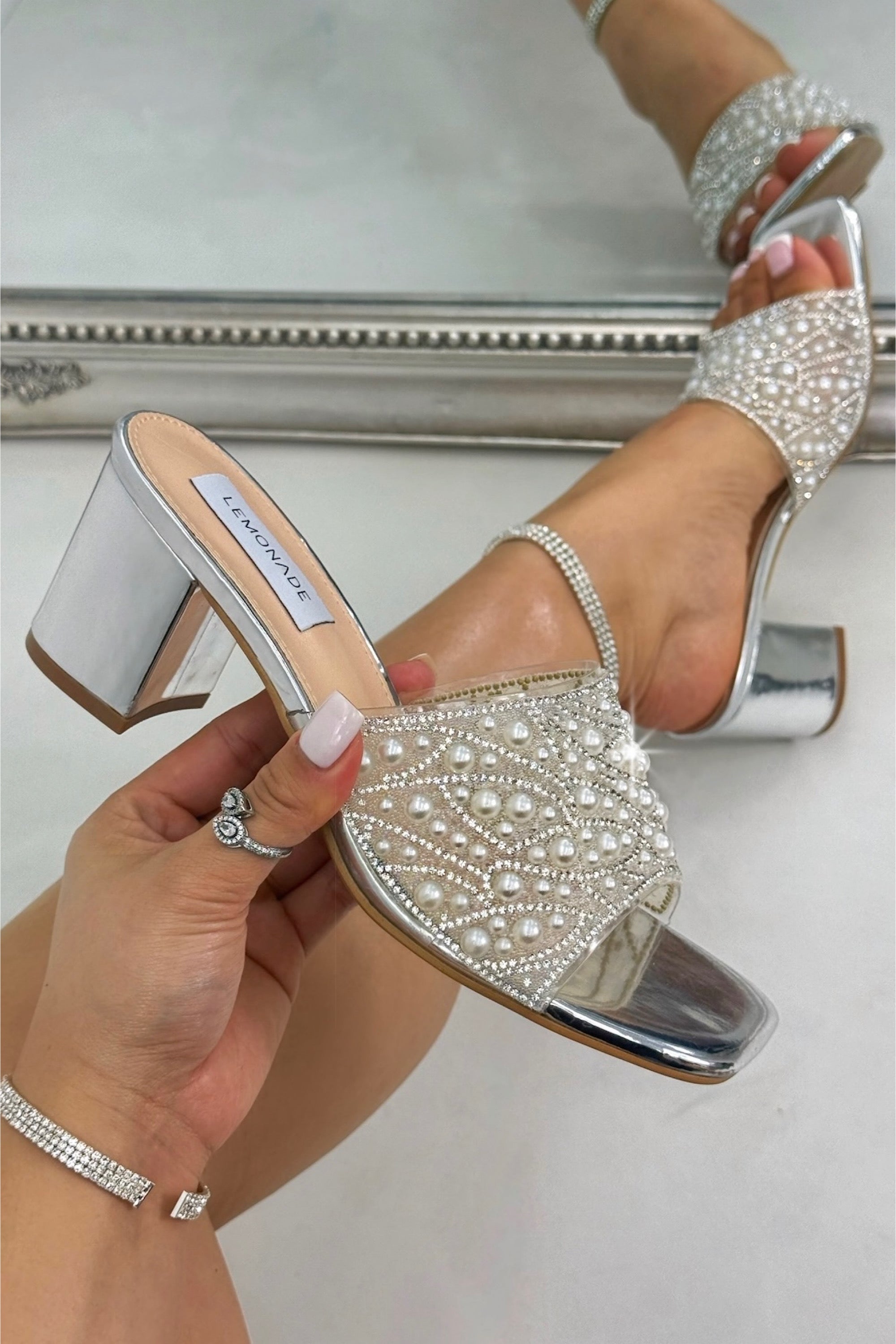 Crystal Pearl Luxe Block Mule Heels Silver, showcasing elegant slip-on mule heel design for effortless wear