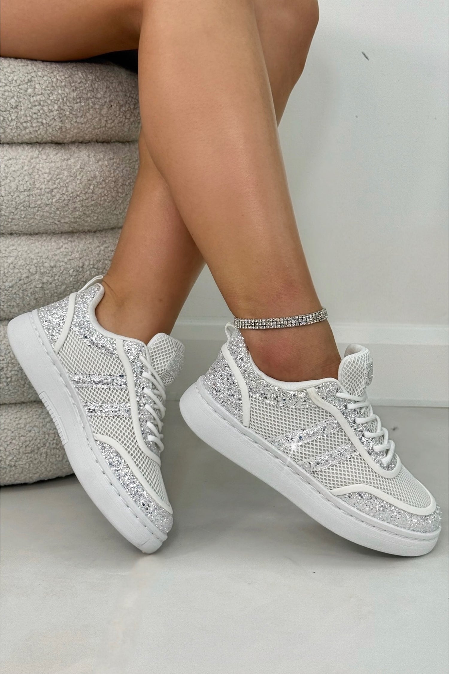 Crystal Nova Sparkle Stripe Lace-Up Trainers White, showing crystal embellishment side stripe design