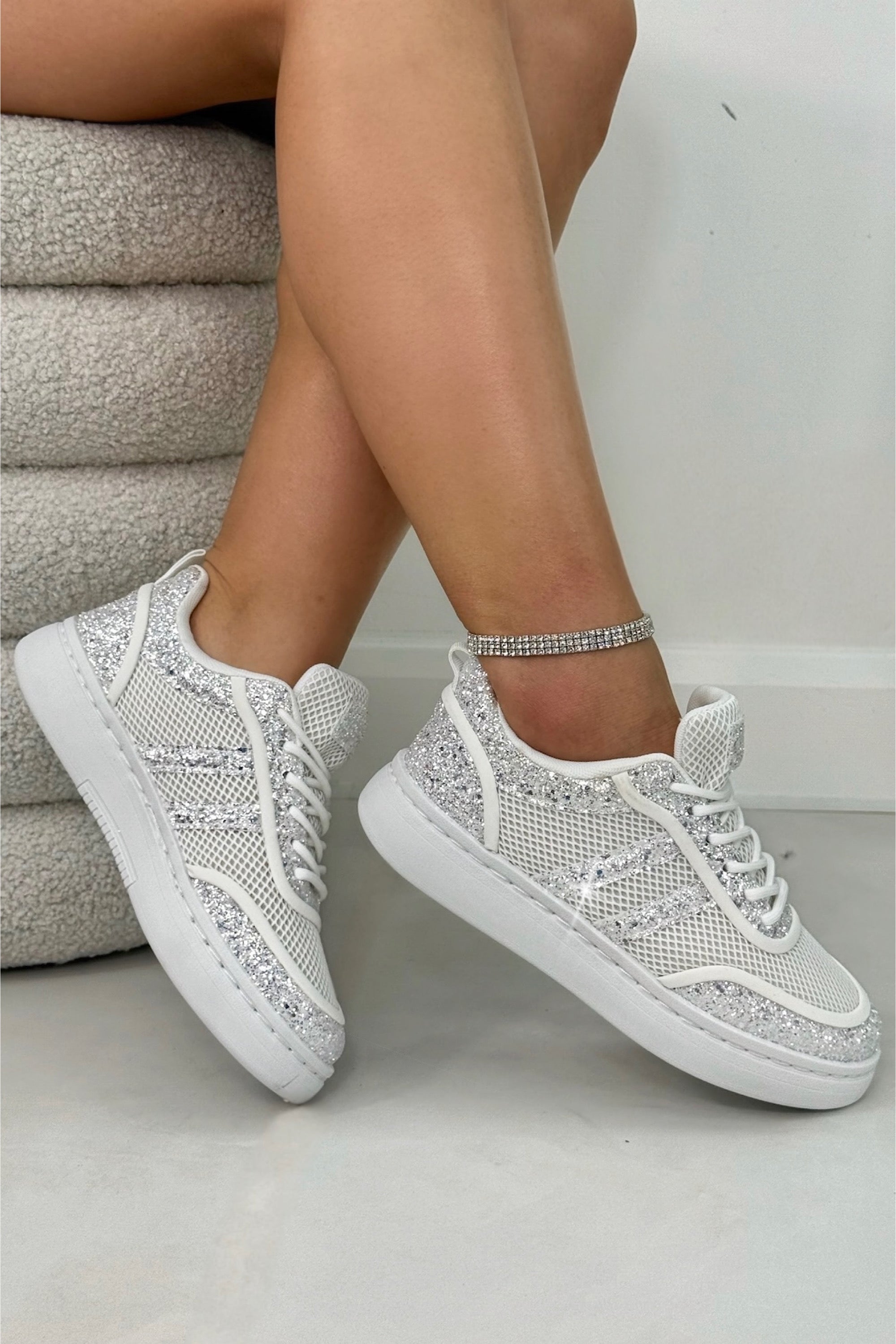 Crystal Nova Sparkle Stripe Lace-Up Trainers White, showing crystal embellishment side stripe design