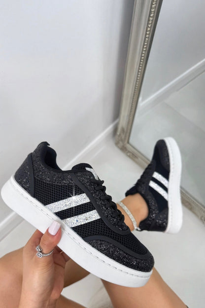 Crystal Nova Sparkle Stripe Lace-Up Trainers Black, bringing attention to breathable mesh upper for lightweight