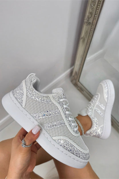 Crystal Nova Sparkle Stripe Lace-Up Trainers White, showcasing breathable mesh upper for lightweight