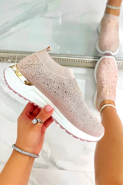 Sparkly Elevate Sculpt Sole Stretch Slip On Trainers Pink designed with stretch knit upper for a flexible, adaptive fit