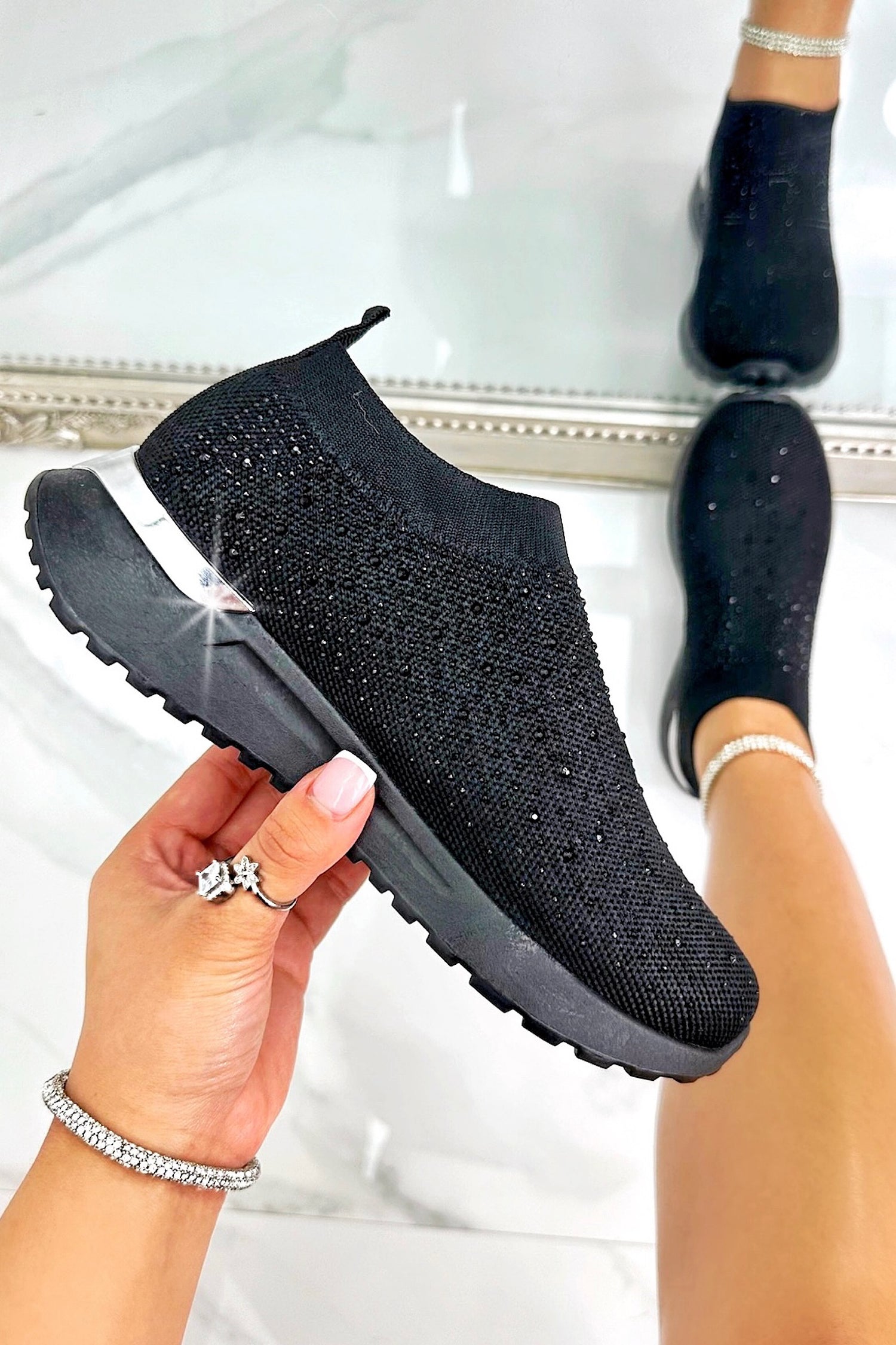 Sparkly Elevate Sculpt Sole Stretch Slip On Trainers Black, with emphasis on crystal detailing for a luxe sparkle finish