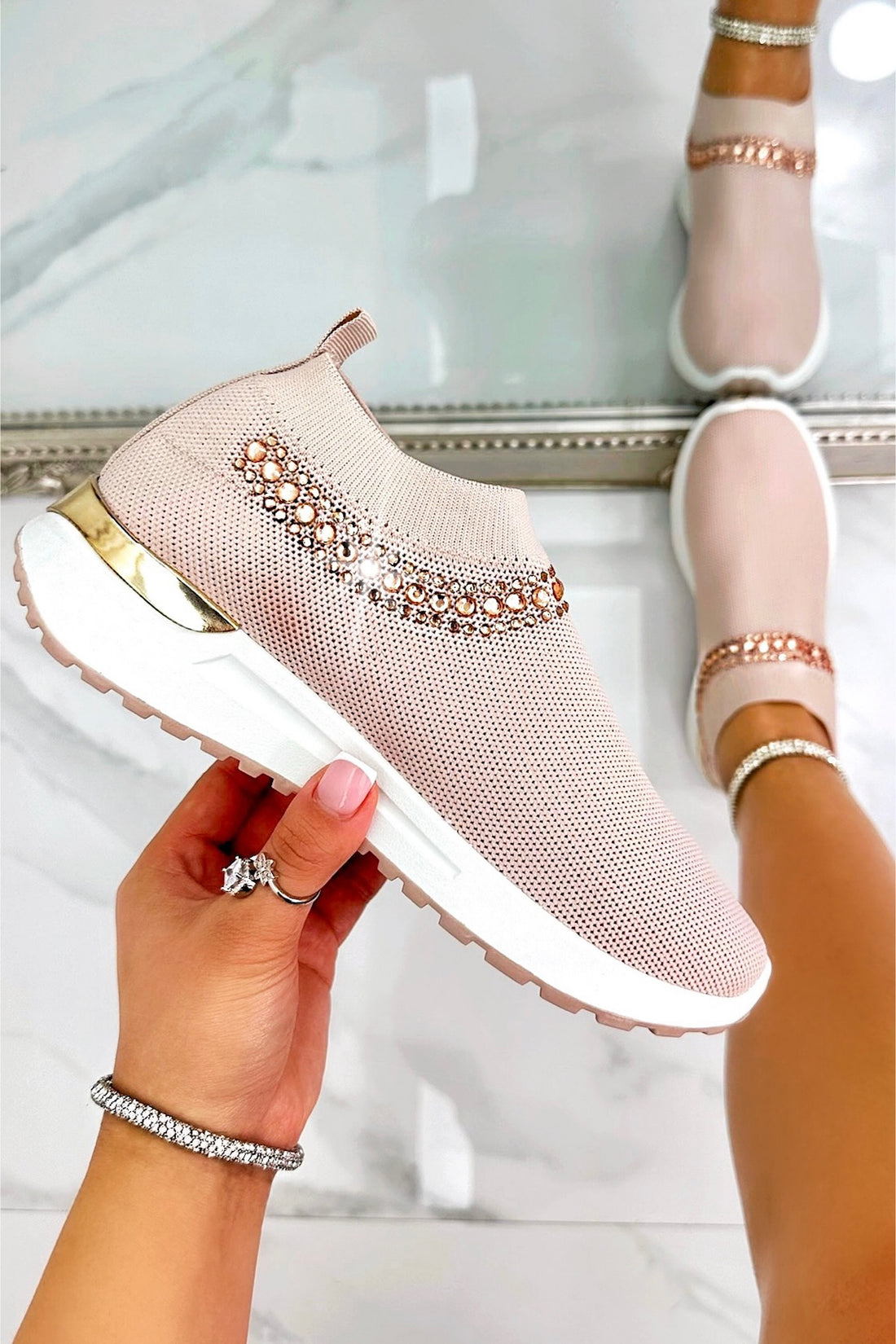Crystal Halo Comfort Stretch Slip On Trainers Pink designed with stretch knit upper for a flexible, adaptive fit