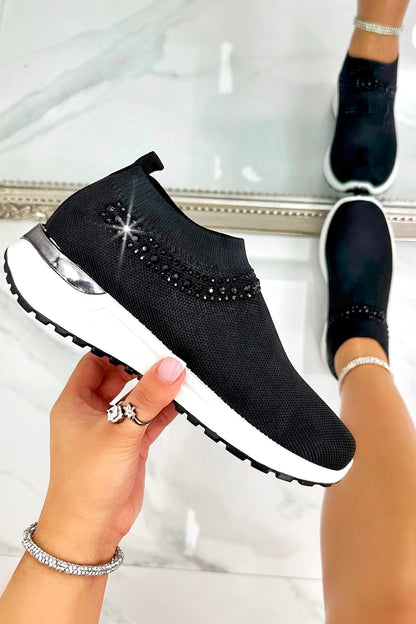 Crystal Halo Comfort Stretch Slip On Trainers Black featuring stretch knit upper for a flexible, adaptive fit