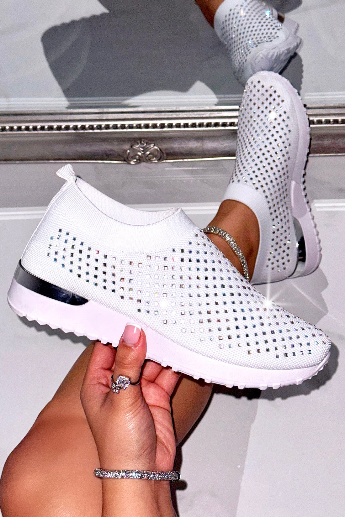 Crystal Diamond Comfort Stretch Sock Slip On Trainers White, highlighting shimmering rhinestone embellishment for a luxe finish