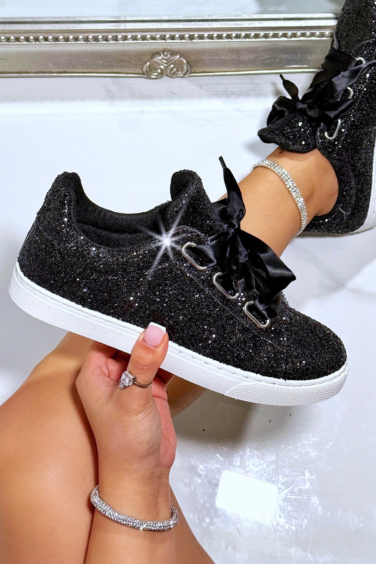 Sparkly Glitter Ribbon Lace Trainers Black, featuring ribbon lace up detail
