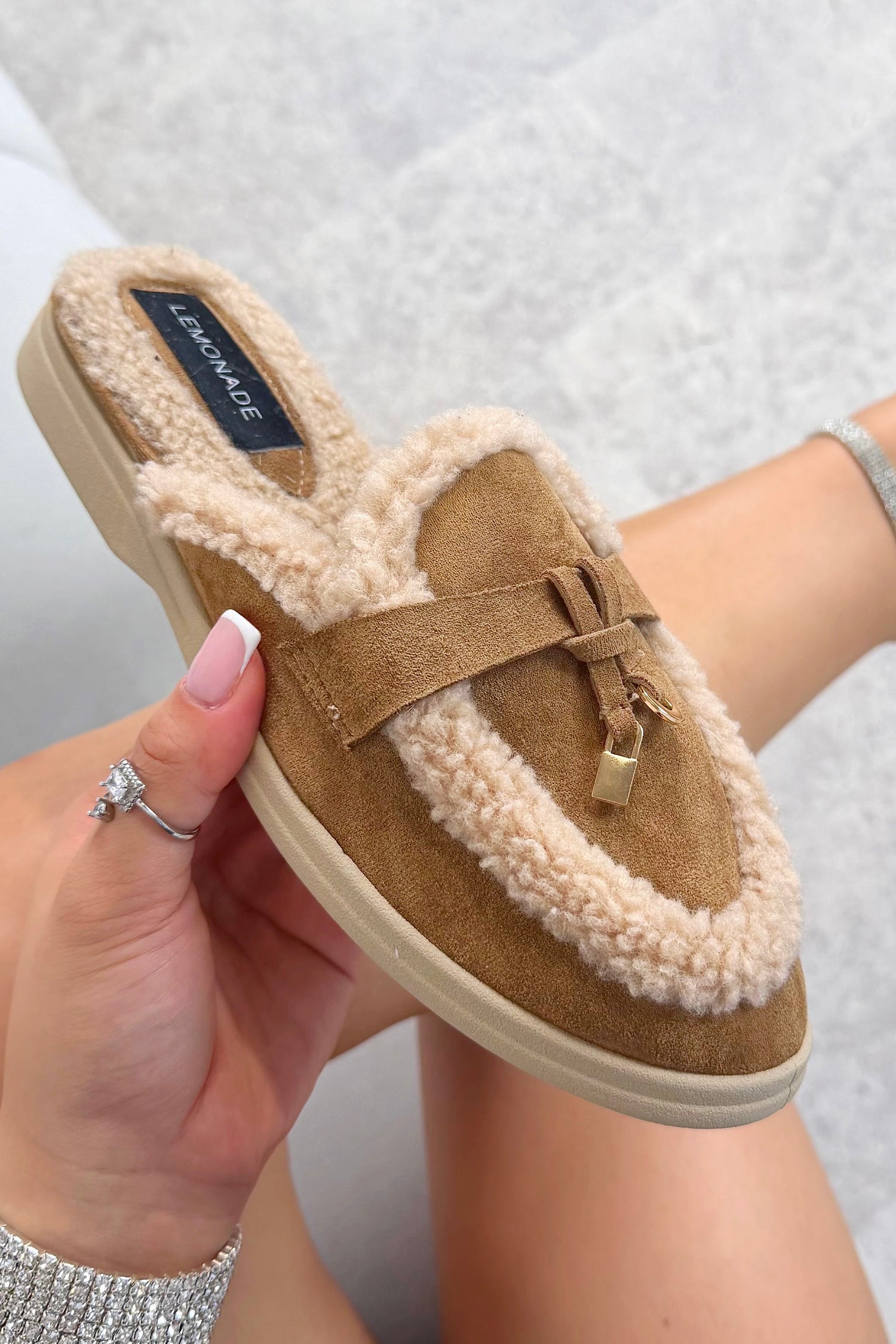 Velvet Crush Teddy Trim Slip On Clog Mules Camel, highlighting cosy teddy-textured borg style trim