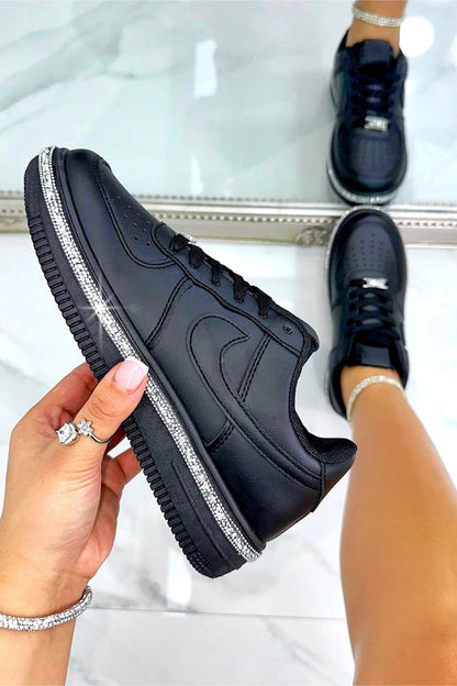 Crystal Trim Sporty Trainers Black, bringing attention to smooth faux leather