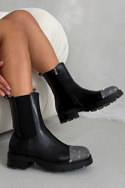 Crystal Eclipse Embellished Toe Chelsea Boots Black, bringing attention to smooth Faux Leather Upper