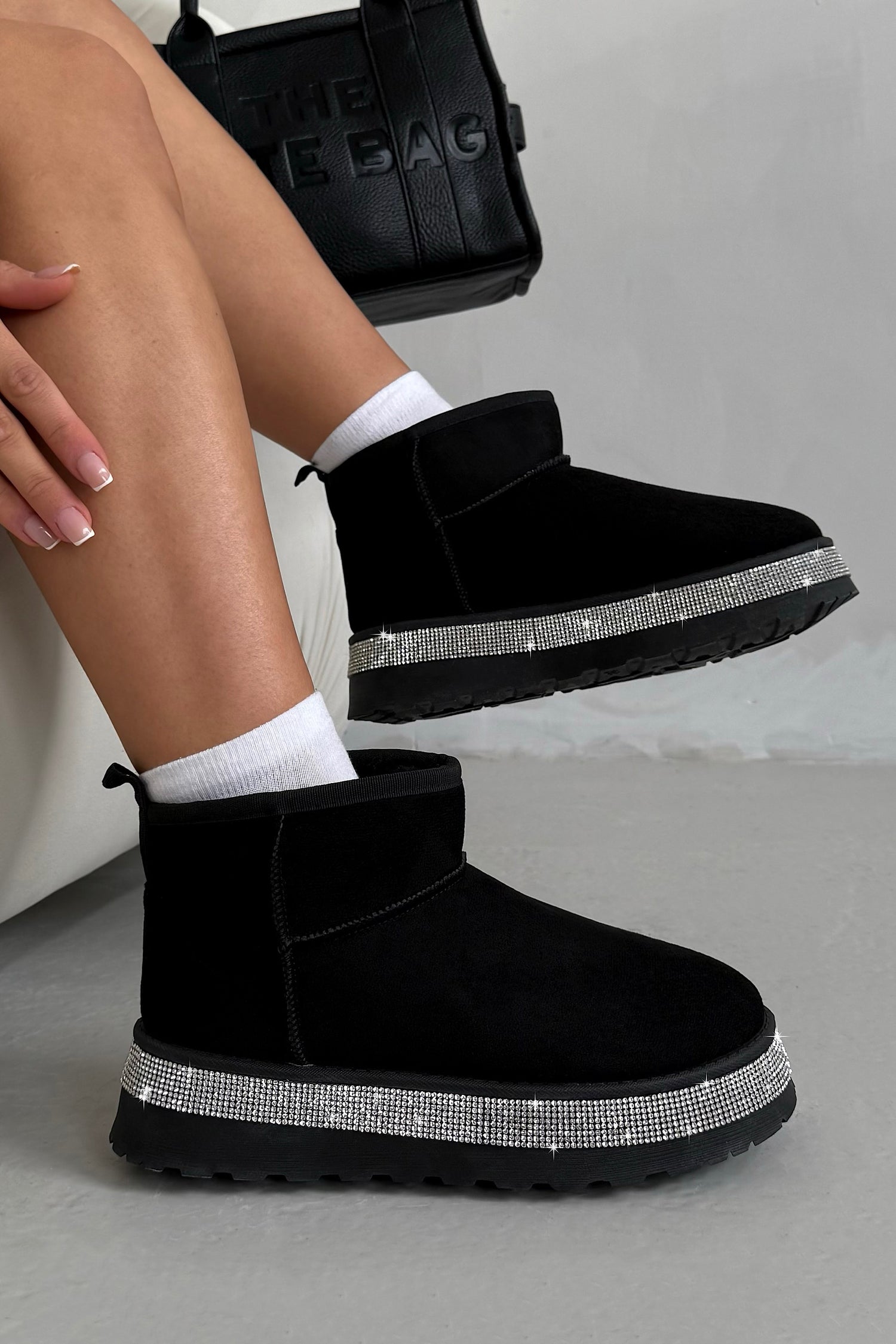 Crystal Diamond Edge Cosy Snug Mini Boots Black designed with soft black suede upper