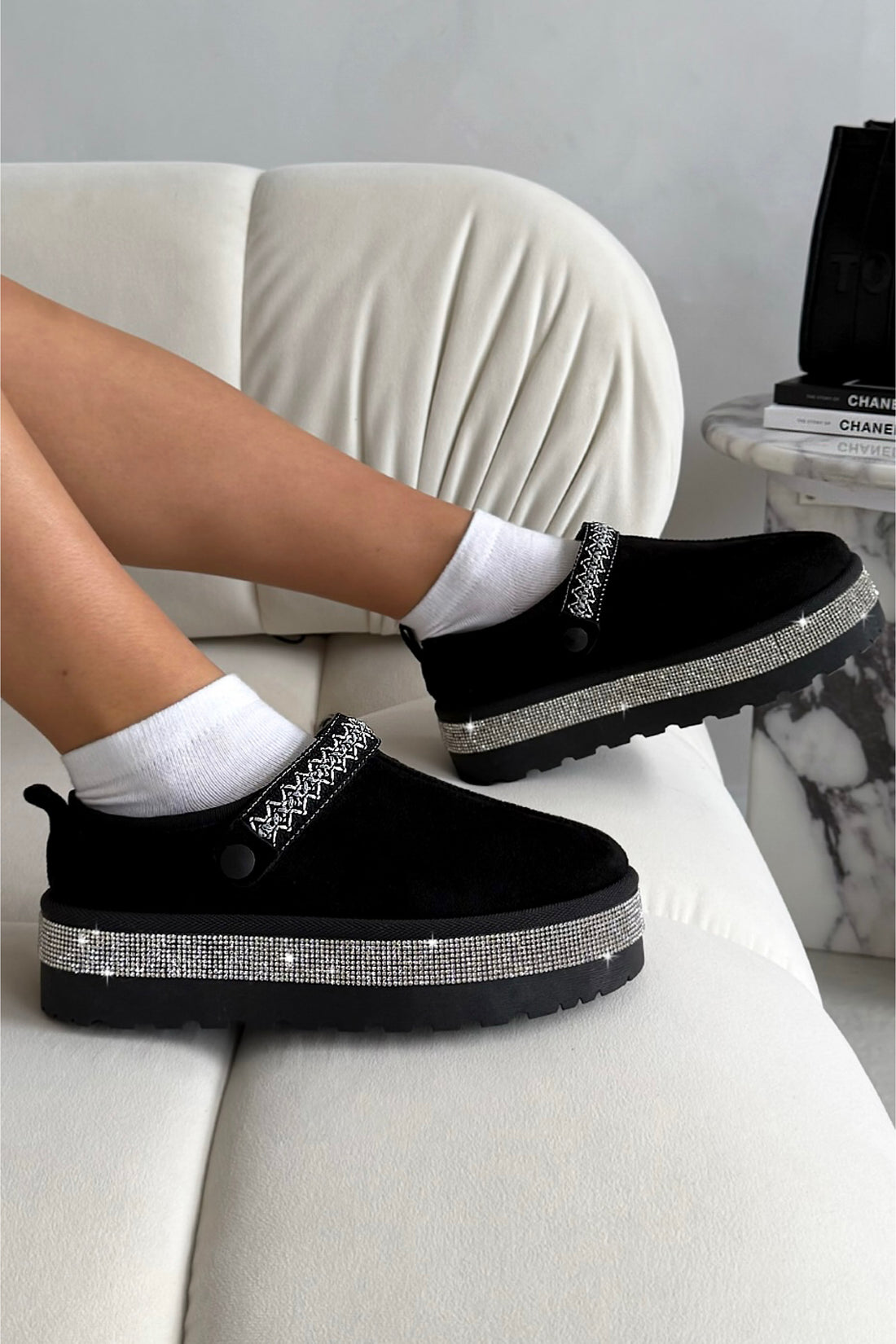 Crystal Diamond Edge Faux Suede Platform Mule Clog Slippers Black with sparkly embellished detailing