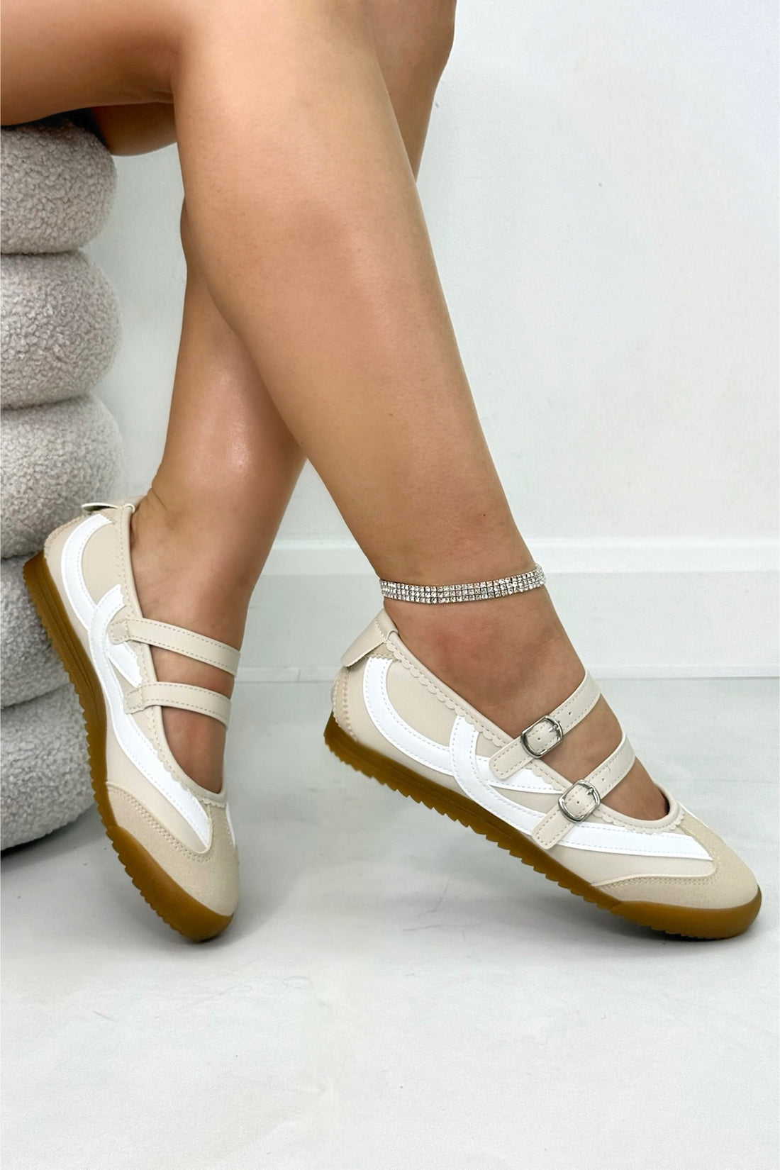 Comfort Mary Jane Eclipse Strap Trainers Nude, bringing attention to adjustable criss-cross straps with metallic buckles