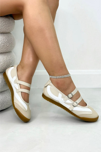 Comfort Mary Jane Eclipse Strap Trainers Nude, bringing attention to adjustable criss-cross straps with metallic buckles