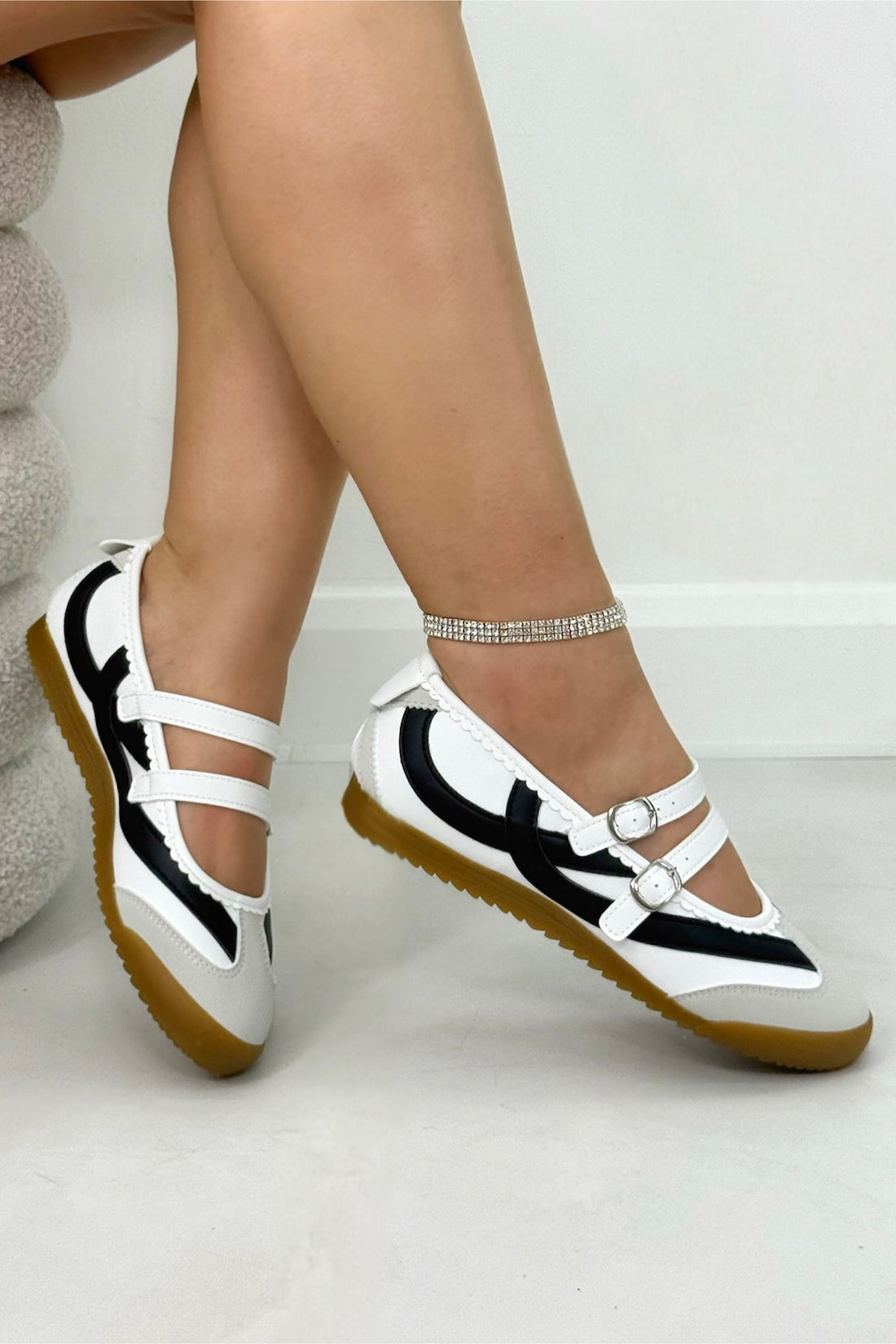 Comfort Mary Jane Eclipse Strap Trainers White, bringing attention to adjustable criss-cross straps with metallic buckles