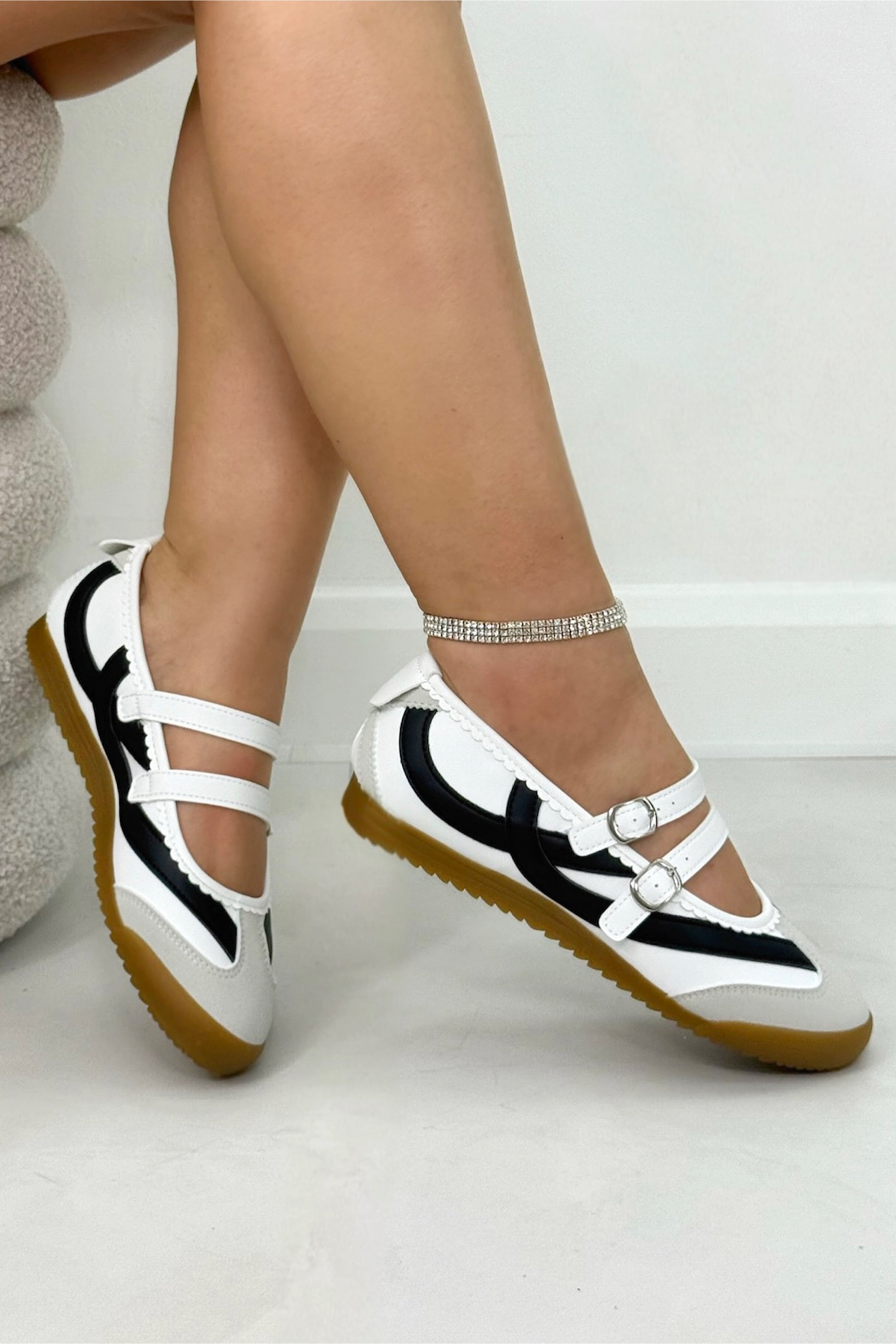 Comfort Mary Jane Eclipse Strap Trainers White, bringing attention to adjustable criss-cross straps with metallic buckles