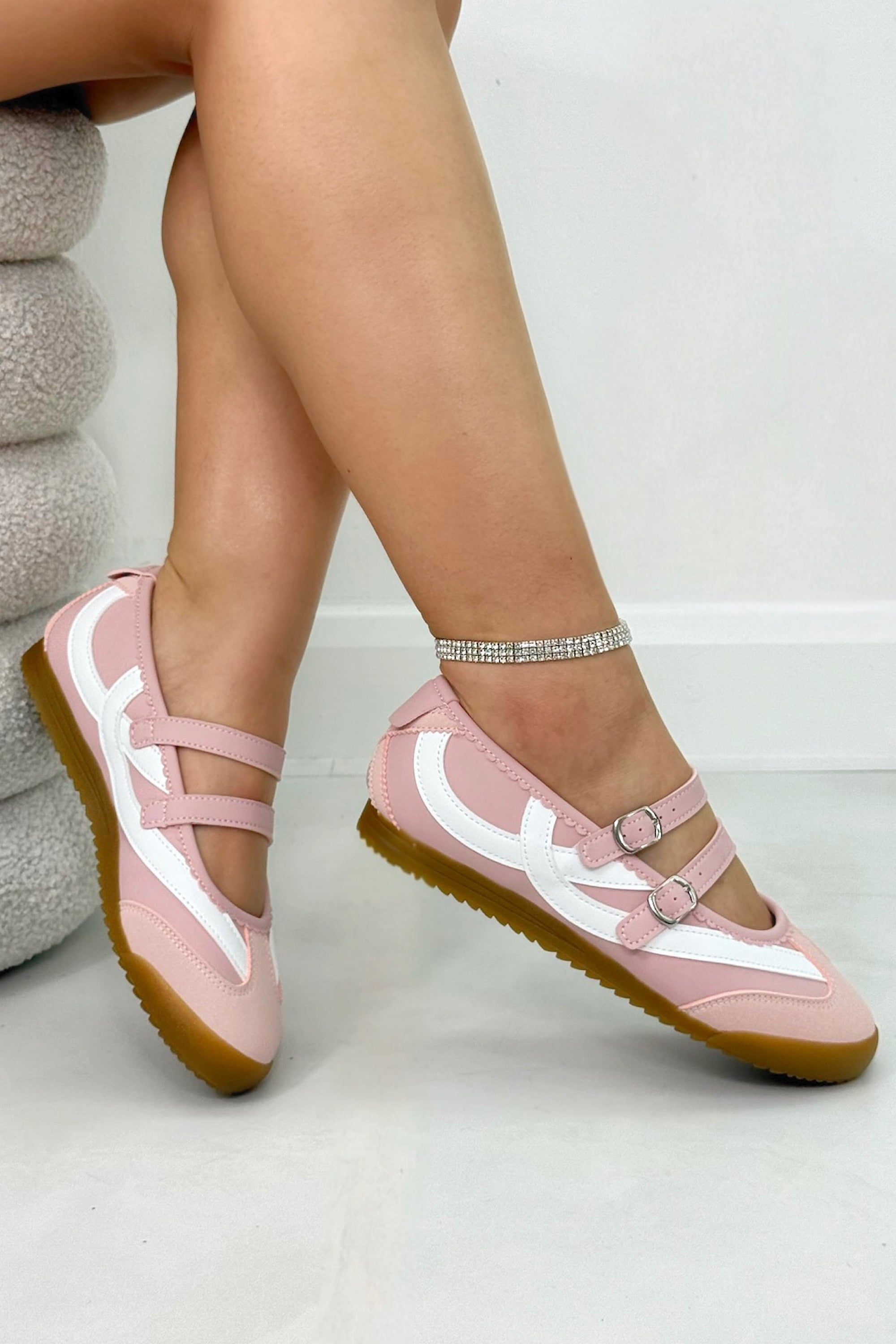 Comfort Mary Jane Eclipse Strap Trainers Pink, with emphasis on adjustable criss-cross straps with metallic buckles