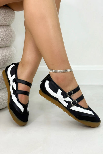 Comfort Mary Jane Eclipse Strap Trainers Black, with emphasis on adjustable criss-cross straps with metallic buckles
