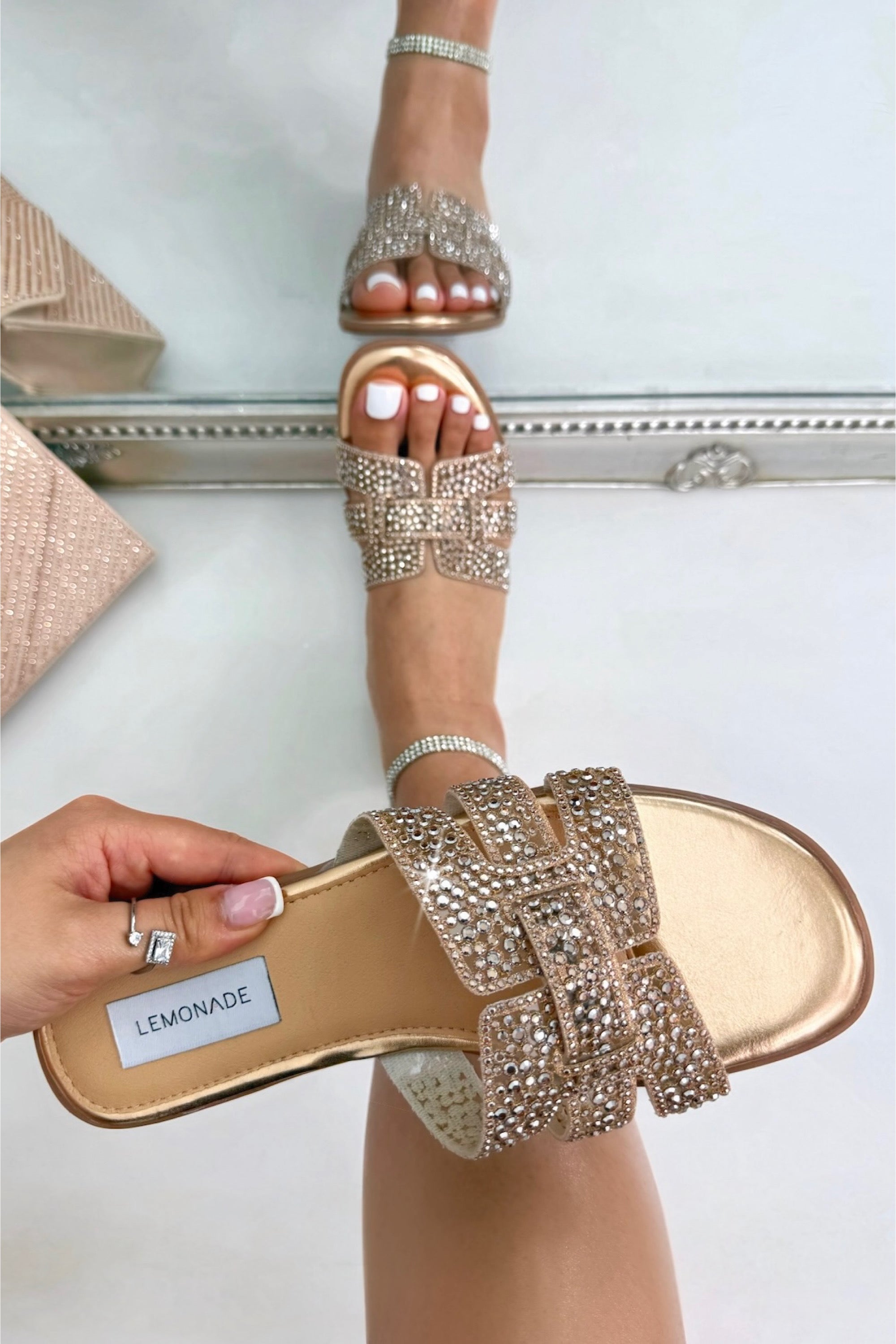 Sparkly Diamond Jelly Sliders Rose Gold, featuring slip-on design for easy wear