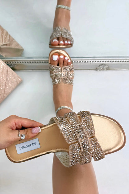 Sparkly Diamond Jelly Sliders Rose Gold, featuring slip-on design for easy wear