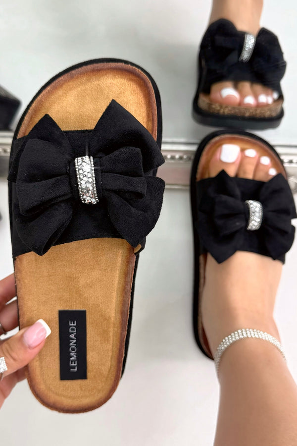 Sparkly Velvet Bow Platform Sliders Black, bringing attention to oversized bow detail for a feminine statement finish