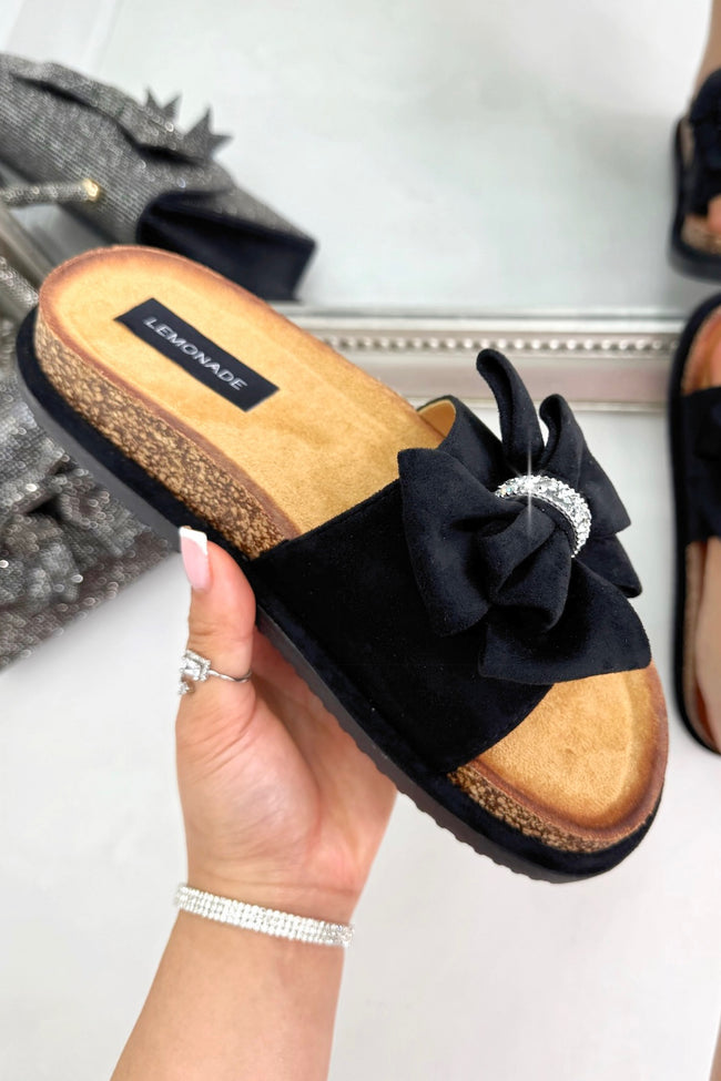Sparkly Velvet Bow Platform Sliders Black, drawing attention to easy slip-on slider design for effortless everyday wear