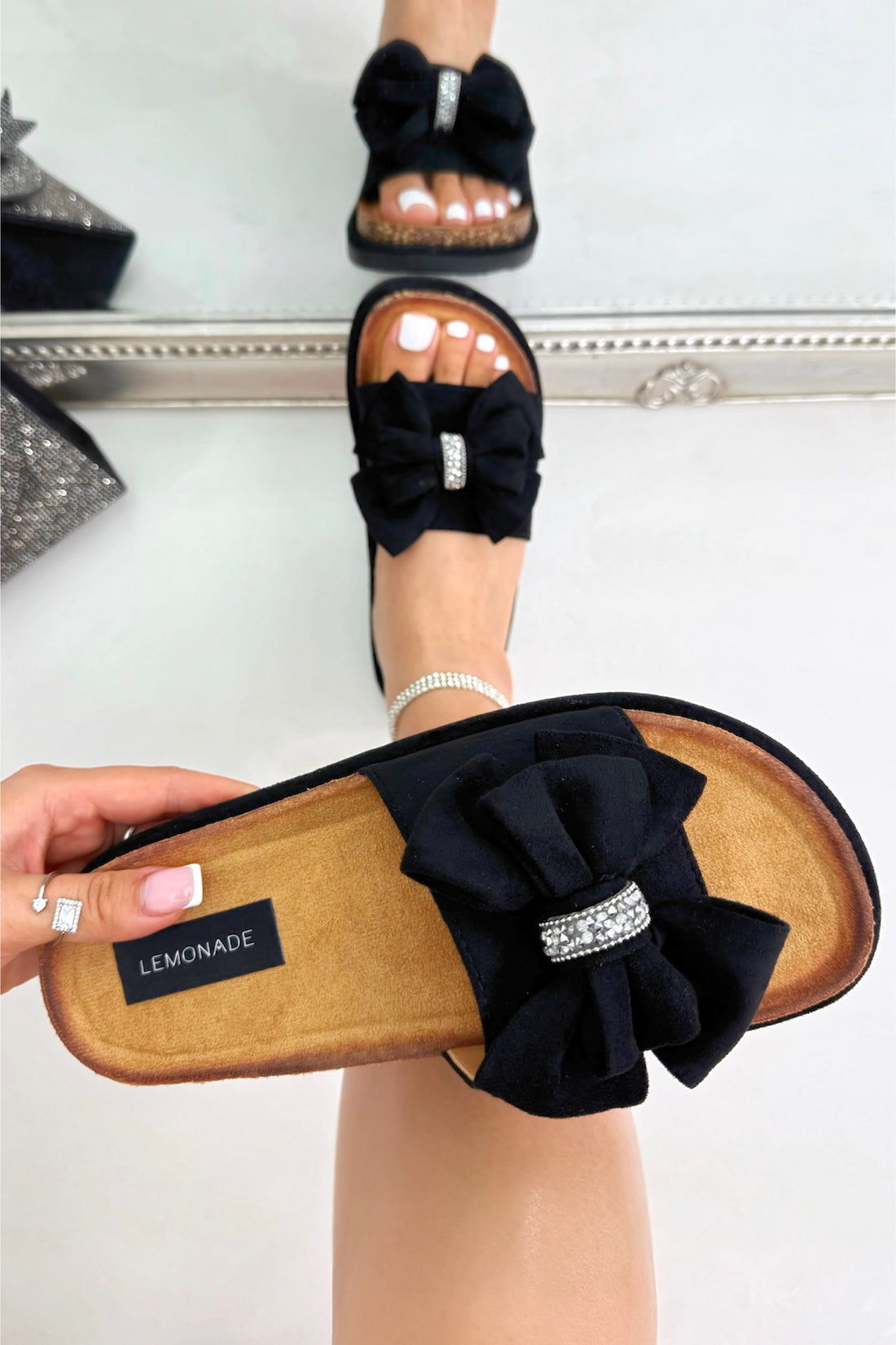 Sparkly Velvet Bow Platform Sliders Black with plush velvet-look upper for a soft, luxe feel