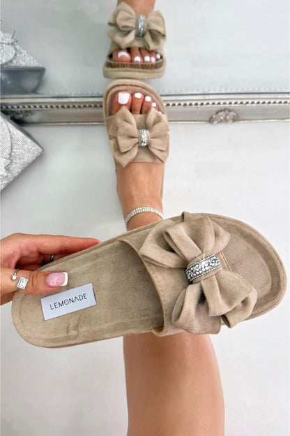 Sparkly Velvet Bow Platform Sliders Beige finished with plush velvet-look upper for a soft, luxe feel