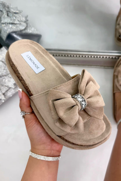 Sparkly Velvet Bow Platform Sliders Beige, drawing attention to easy slip-on slider design for effortless everyday wear