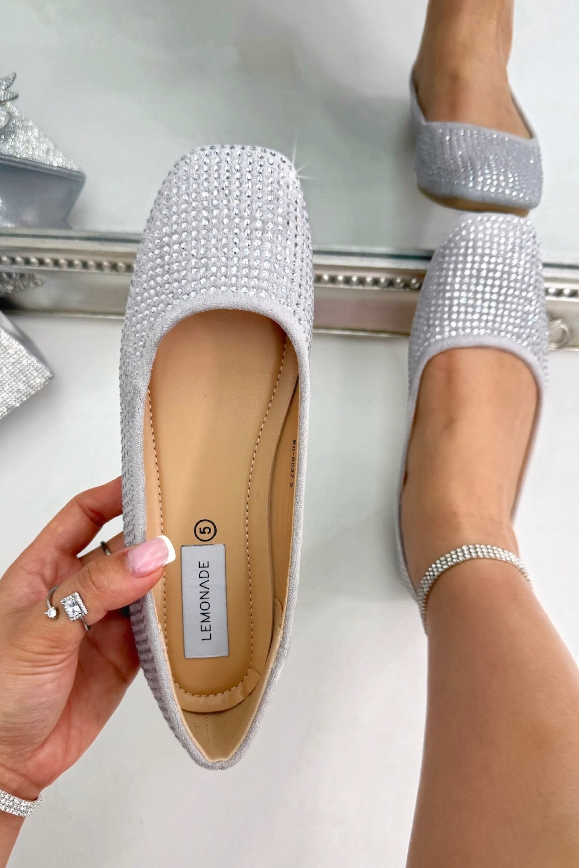 Crystal Embellished Showstopper Ballet Flats Silver, bringing attention to classic ballet flat silhouette with a glamorous twist