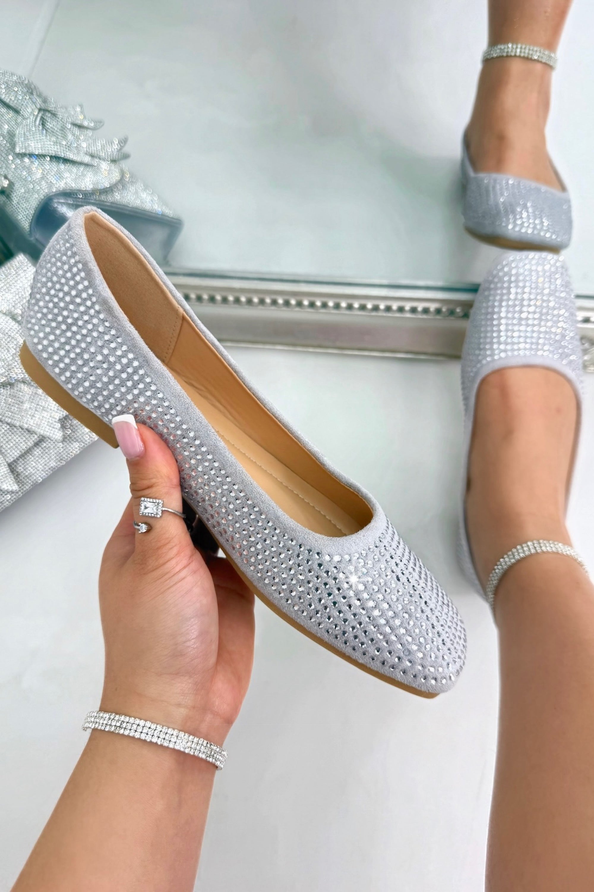 Crystal Embellished Showstopper Ballet Flats Silver, showing lightweight, flexible design for comfortable all-day wear