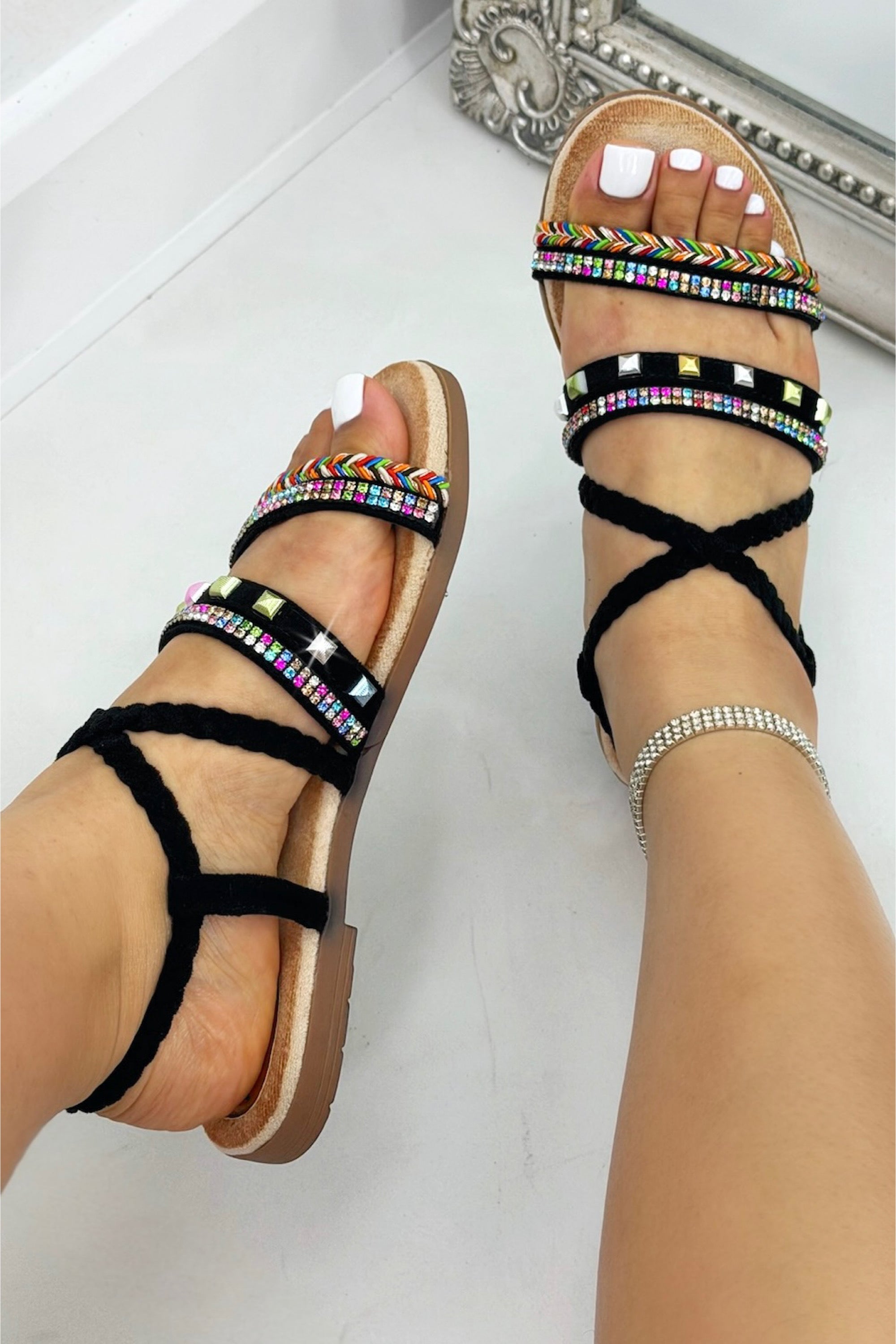 Sparkly Boho Gem Braided Strap Sandals Black, highlighting gem and embellished accents for added sparkle