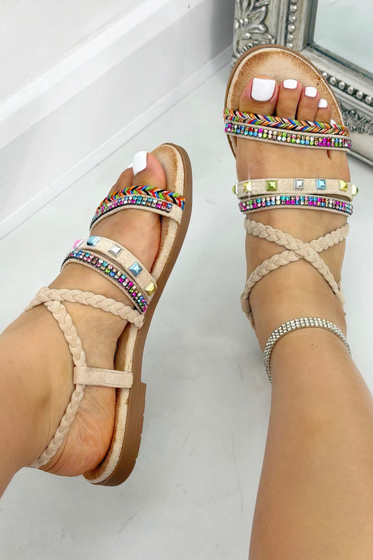 Sparkly Boho Gem Braided Strap Sandals Nude, showcasing gem and embellished accents for added sparkle