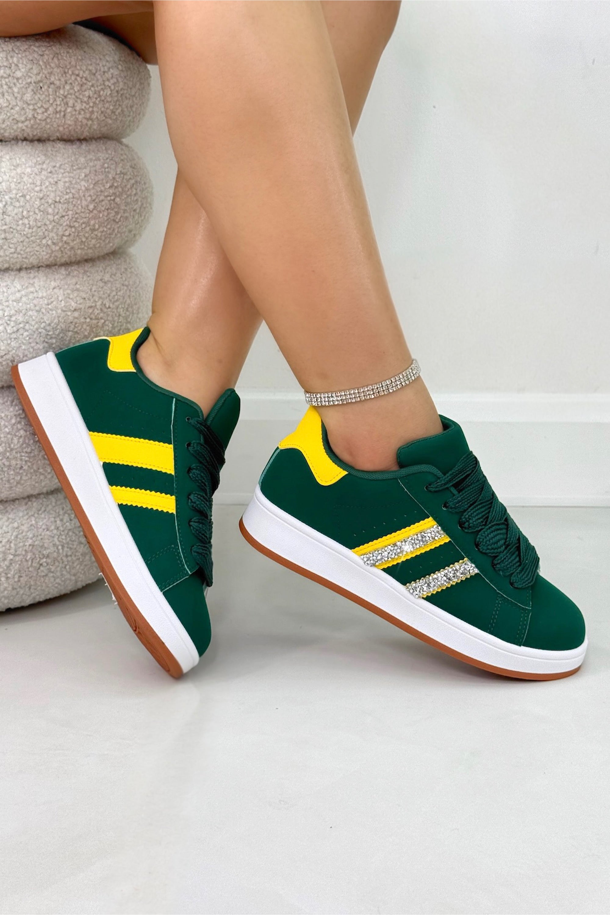 Crystal Stripe Trainers Limited Edition Green, capturing rubber sole for grip and durability