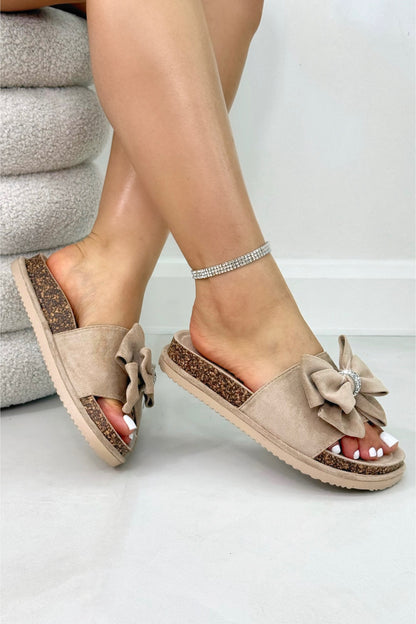 Sparkly Velvet Bow Platform Sliders Beige, featuring cushioned footbed for comfortable all-day support
