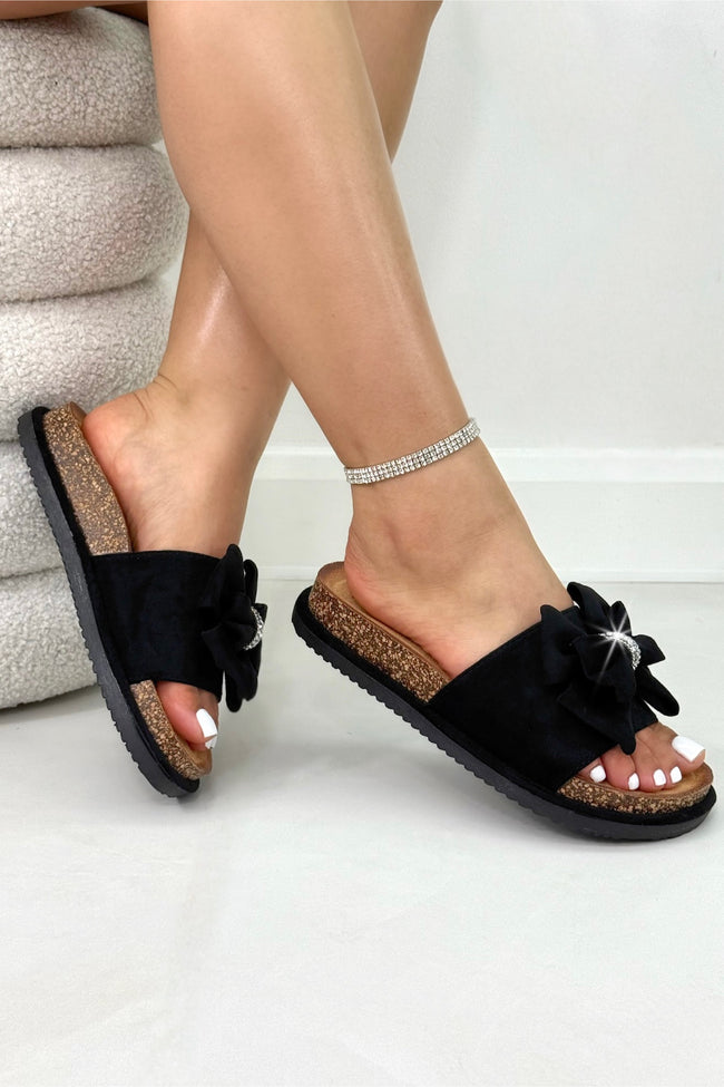 Sparkly Velvet Bow Platform Sliders Black, featuring cushioned footbed for comfortable all-day support