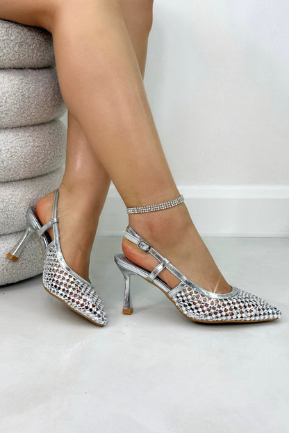 Crystal Siren Slingback Court Heels Silver designed with fully crystal embellished pointed toe for a bold sparkle finish