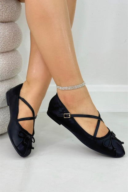 Chic Bow Crisscross Strap Ballet Flats Black, showcasing chic crisscross strap design for added style and support