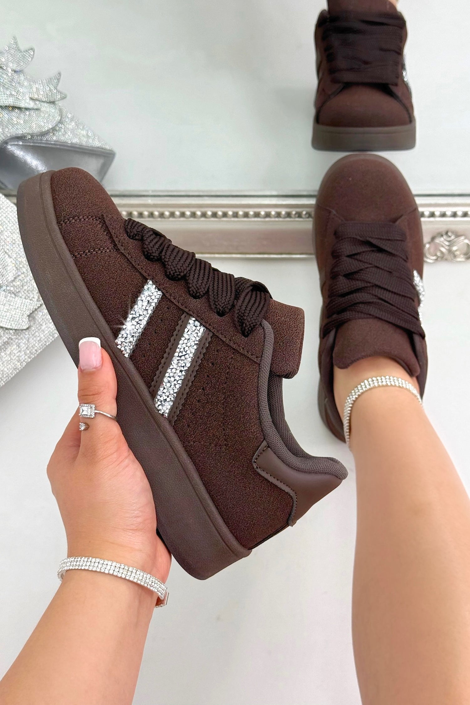 Crystal Stripe Trainers Limited Edition Brown, showcasing chunky laces for a bold, statement look