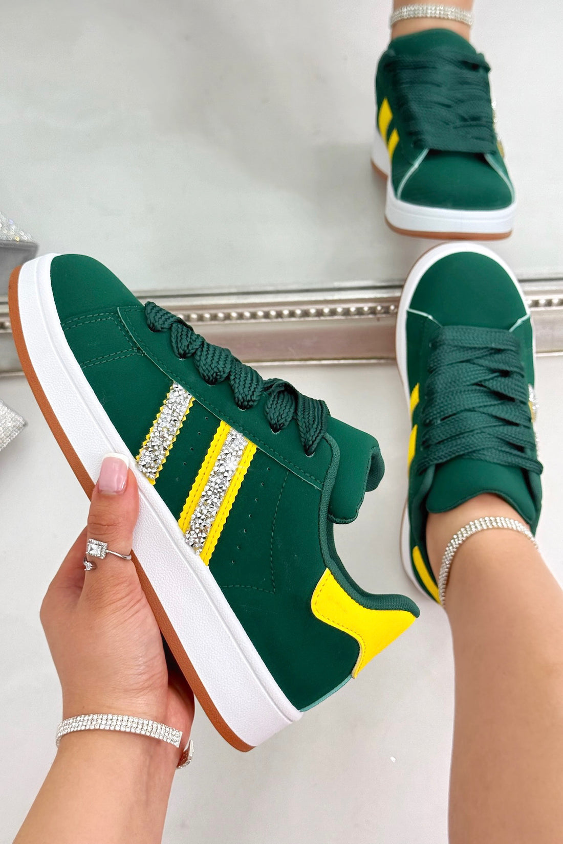 Crystal Stripe Trainers Limited Edition Green, highlighting chunky laces for a bold, statement look