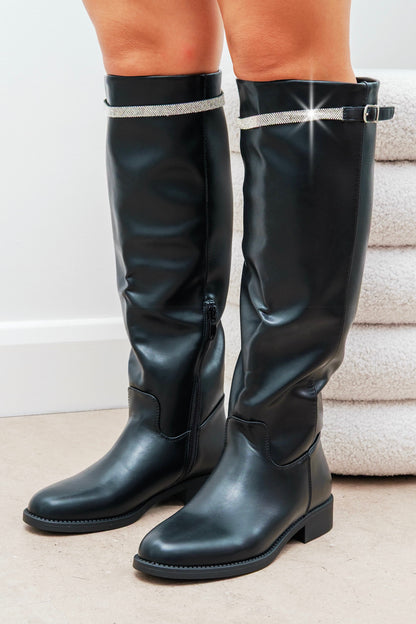 Crystal Reign Rider Calf Boots Black featuring jet Black with silver glitter trim