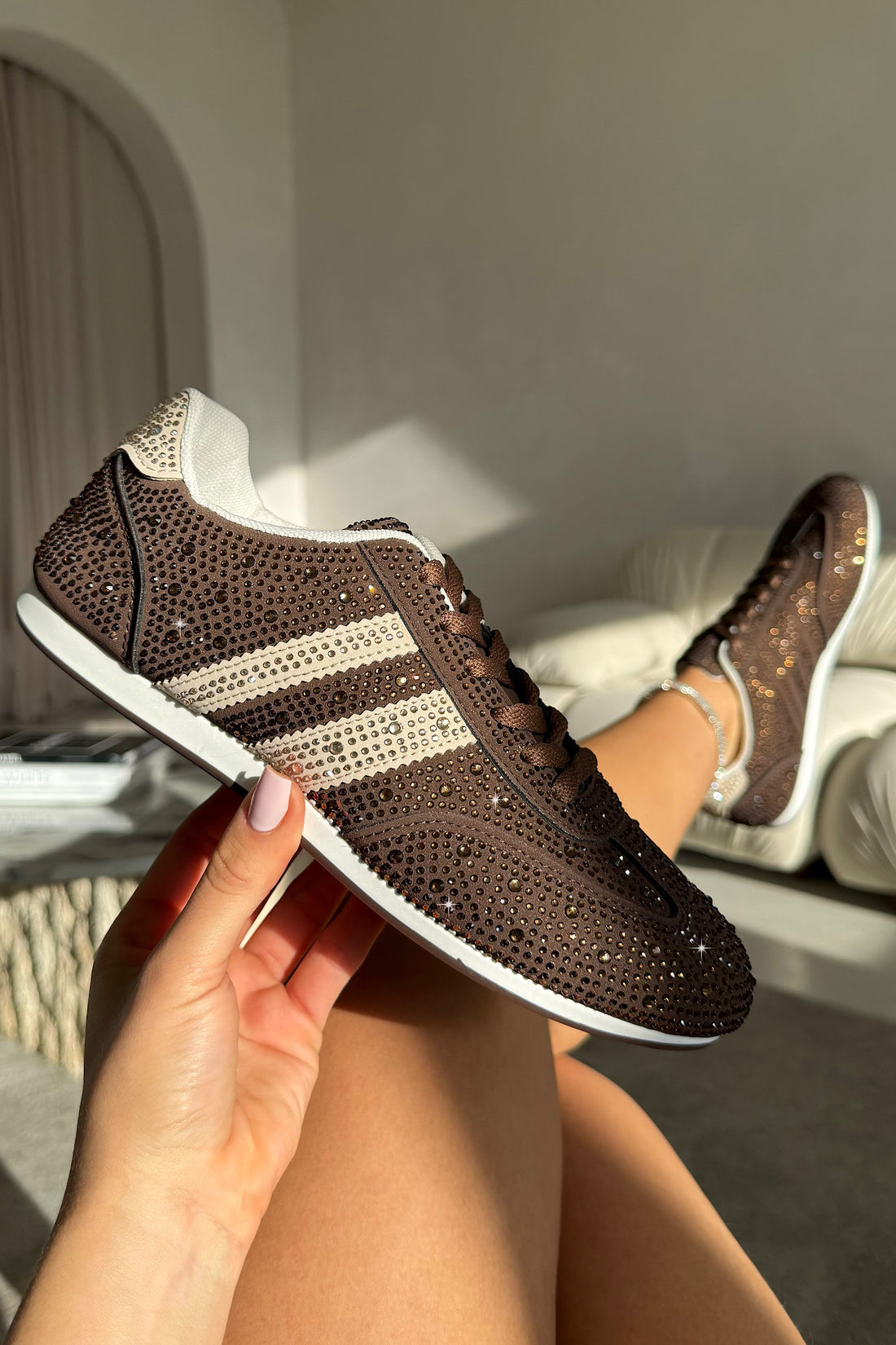Crystal Dewdrop Lace-Up Trainers Brown finished with classic lace-up fastening