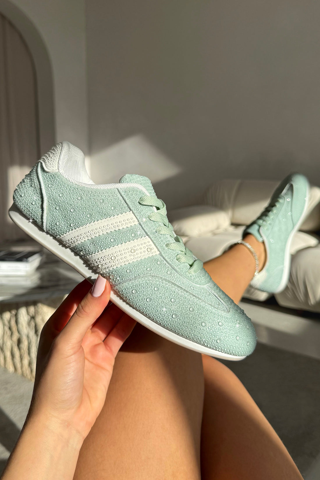 Crystal Dewdrop Lace-Up Trainers Green designed with classic lace-up fastening