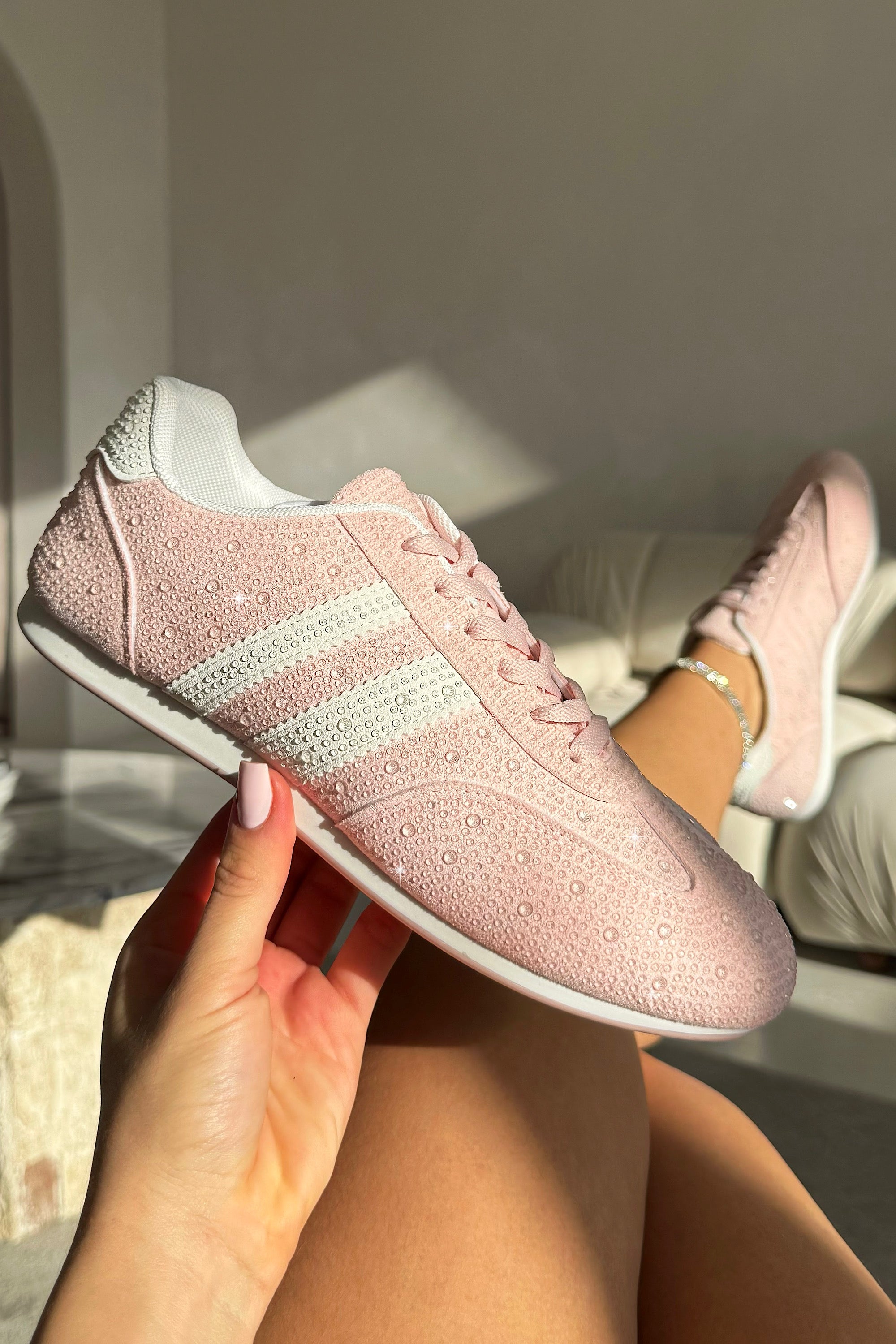 Crystal Dewdrop Lace-Up Trainers Pink with classic lace-up fastening